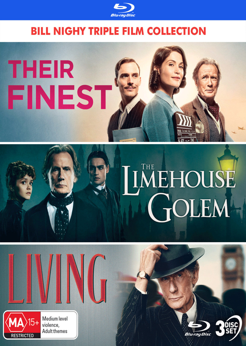 BILL NIGHY: TRIPLE FILM  COLLECTION (THEIR FINEST / THE LIMEHOUSE GOLEM / LIVING) - SPECIAL EDITION BLU-RAY